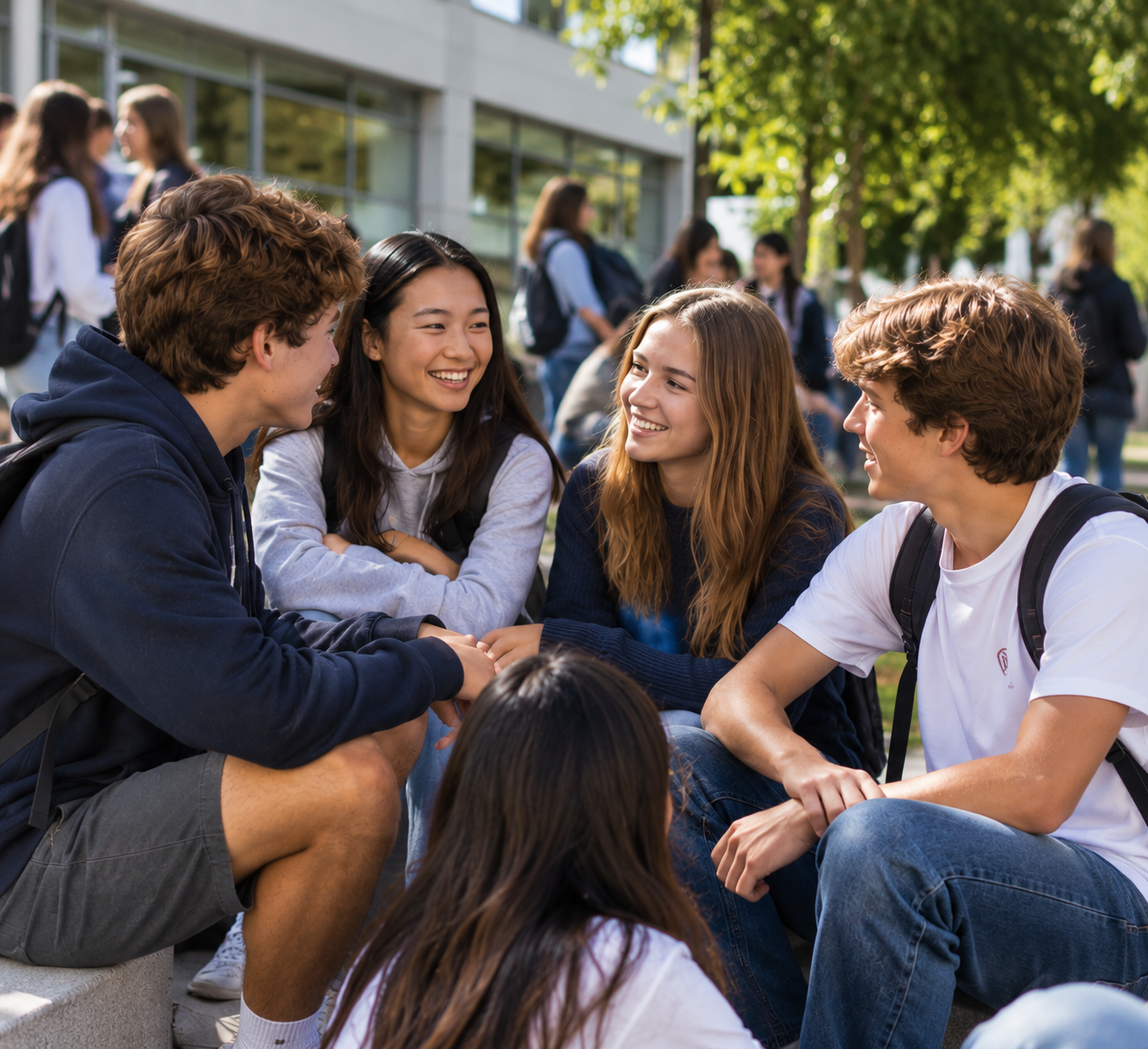 Estudiantes conversando en el campus